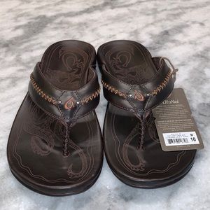 New OLUKAI MEA OLA leather flip flop sandals size 10 brown (dark Java)